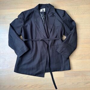 LYSM The Frankie Shop Belted Wool Silk Navy Blue Blazer Jacket